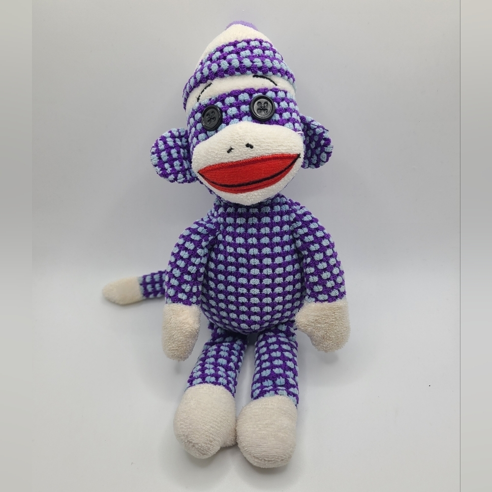 Ty Socks the Sock Monkey Purple & Blue Quilted Plush Beanie Baby 2014